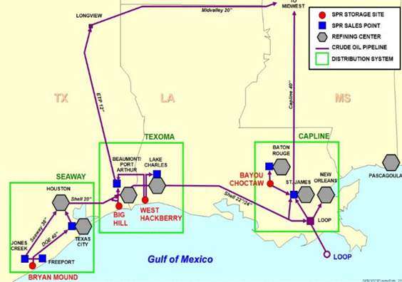 Карта хранилищ стратегического резерва нефти США SPR
