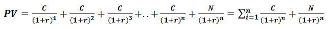 Формула расчета текущей стоимости облигации (купонной)